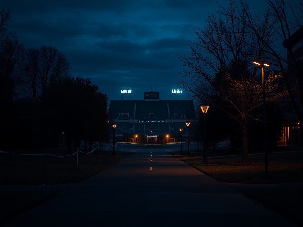 Flick International Dimly lit football stadium at Lincoln University during a somber evening