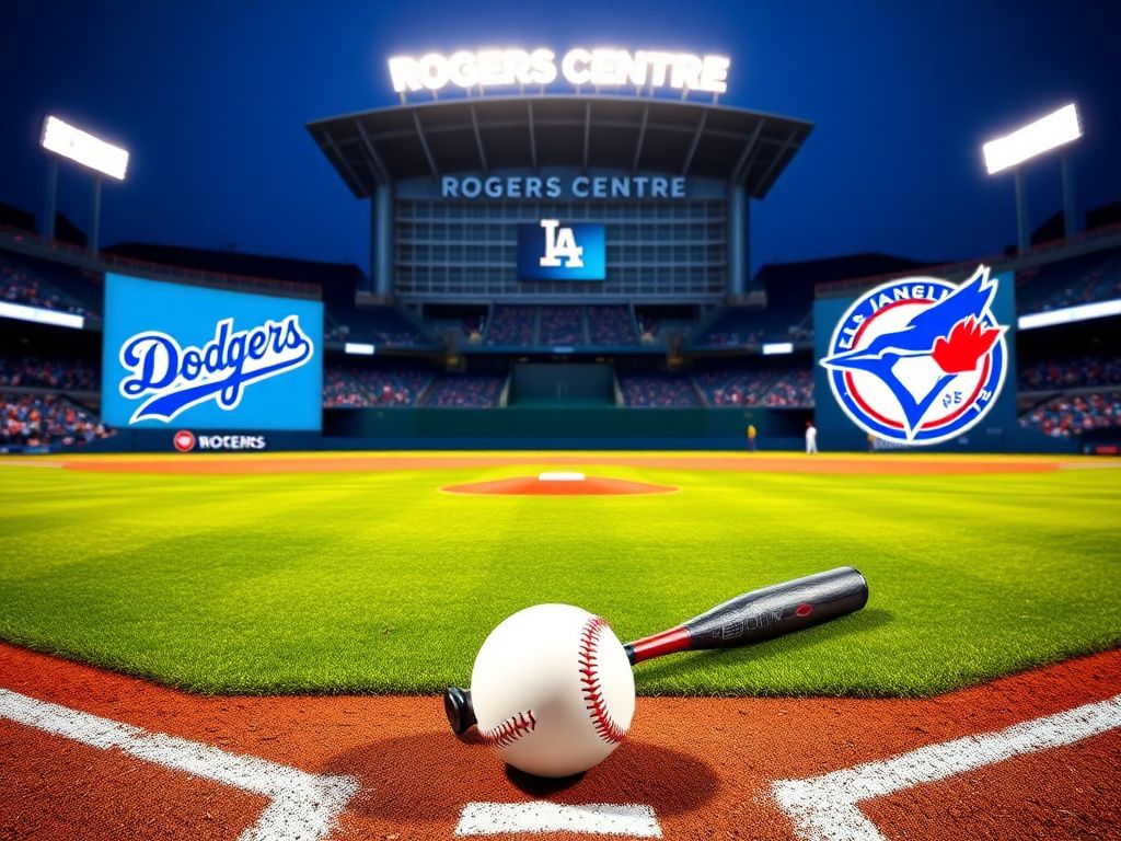 Flick International Vibrant baseball scene at the World Series featuring Dodgers and Blue Jays logos