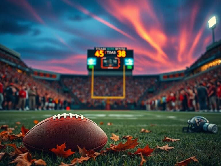 Flick International Close-up of a football on the turf amidst autumn leaves at a packed stadium during a dramatic game.