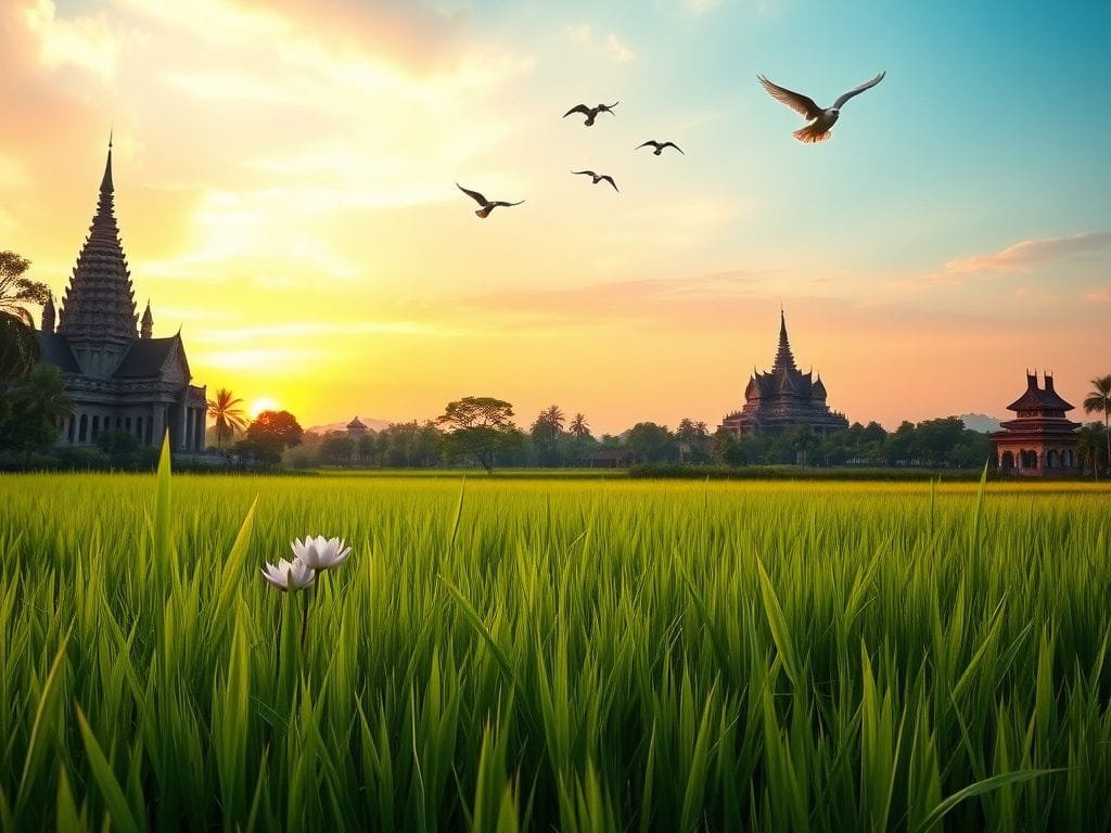Flick International A serene landscape illustrating the peaceful borders of Cambodia and Thailand, featuring traditional architecture and lush green fields.