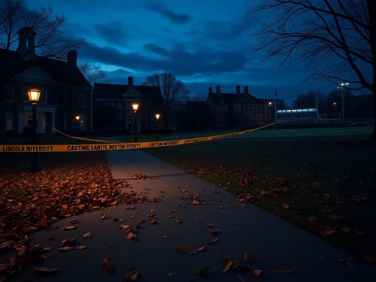 Flick International Somber scene of Lincoln University campus at dusk with historic buildings and caution tape