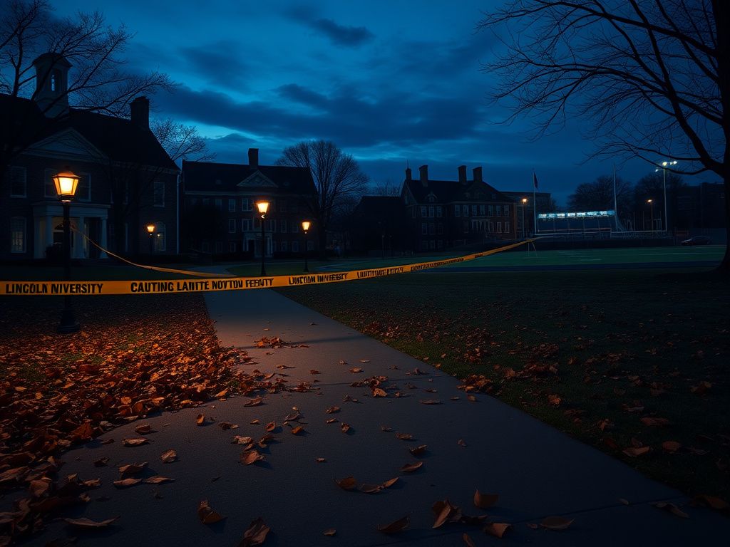 Flick International Somber scene of Lincoln University campus at dusk with historic buildings and caution tape