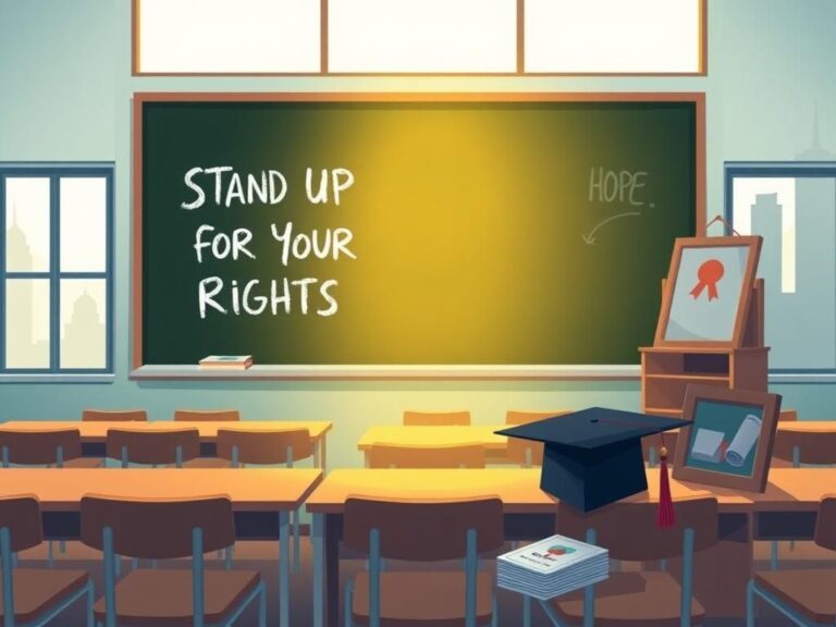 Flick International Classroom with empty desks and chairs symbolizing hope and empowerment