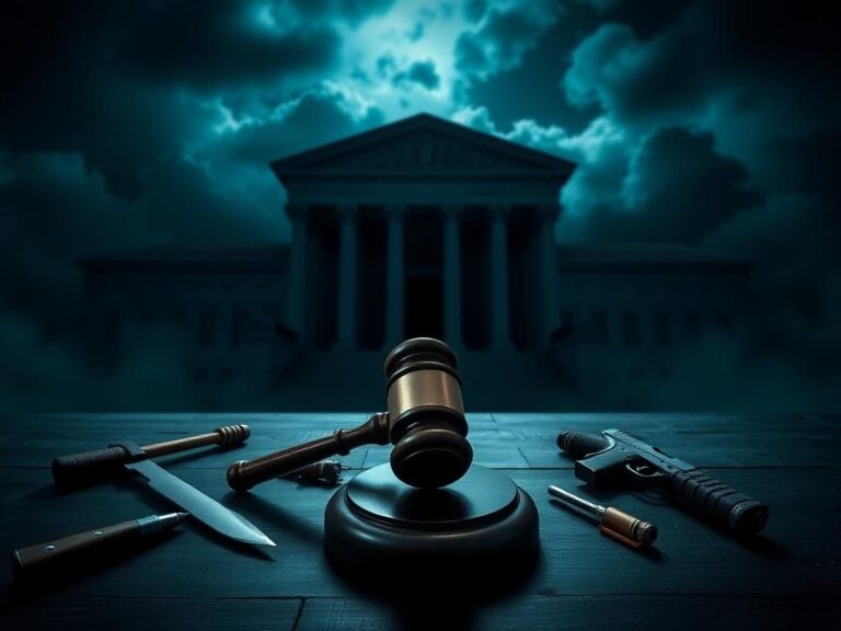 Flick International A dimly lit gavel symbolizing justice with ominous tools of chaos in the foreground