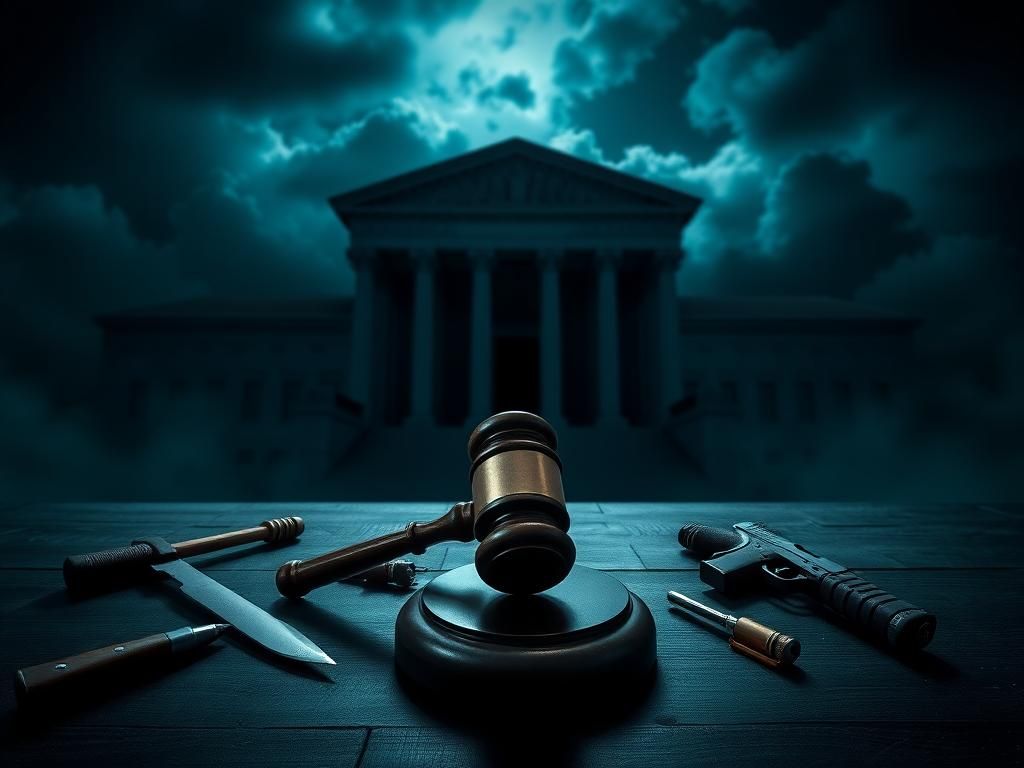 Flick International A dimly lit gavel symbolizing justice with ominous tools of chaos in the foreground