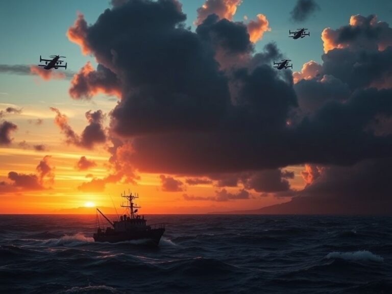 Flick International Dramatic coastline scene with a militarized smuggling boat silhouetted against a fiery sunset