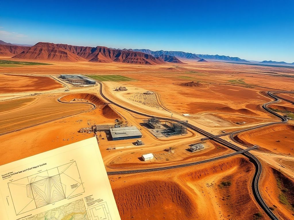 Flick International Aerial view of African landscape with mining facilities for rare earth minerals