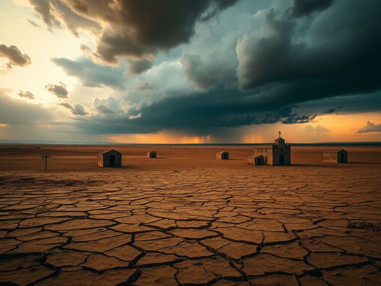 Flick International A somber landscape depicting the Sahel region in Africa with cracked earth and abandoned churches, symbolizing the struggles faced by Christians.