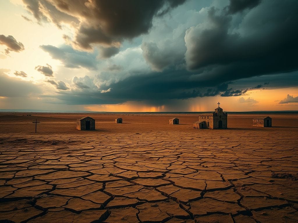 Flick International A somber landscape depicting the Sahel region in Africa with cracked earth and abandoned churches, symbolizing the struggles faced by Christians.