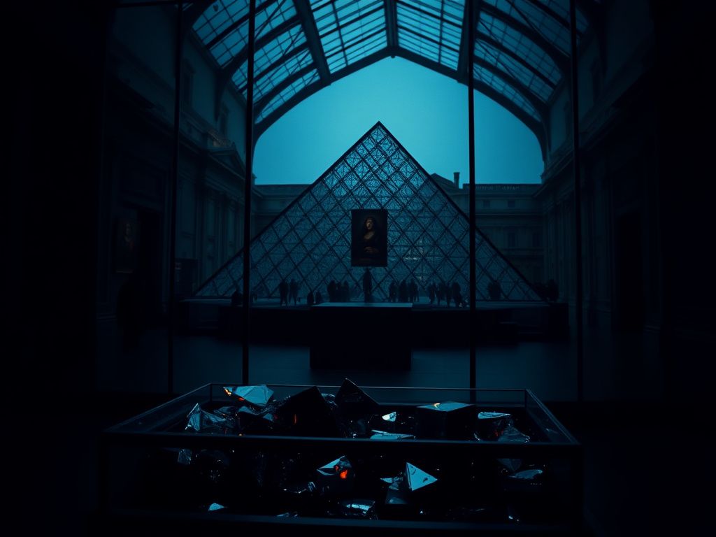 Flick International Dimly lit interior of the Louvre Museum with a shattered display case and the shadow of the Mona Lisa.