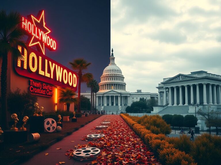 Flick International A split scene illustrating the contrast between Hollywood's glamour and Washington, D.C.'s political weight with vibrant and solemn imagery.