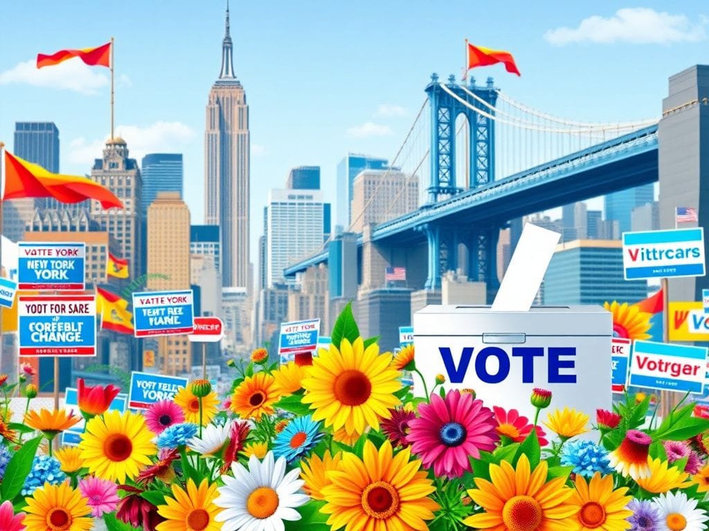 Flick International Vibrant cityscape of New York City with campaign signs during early voting