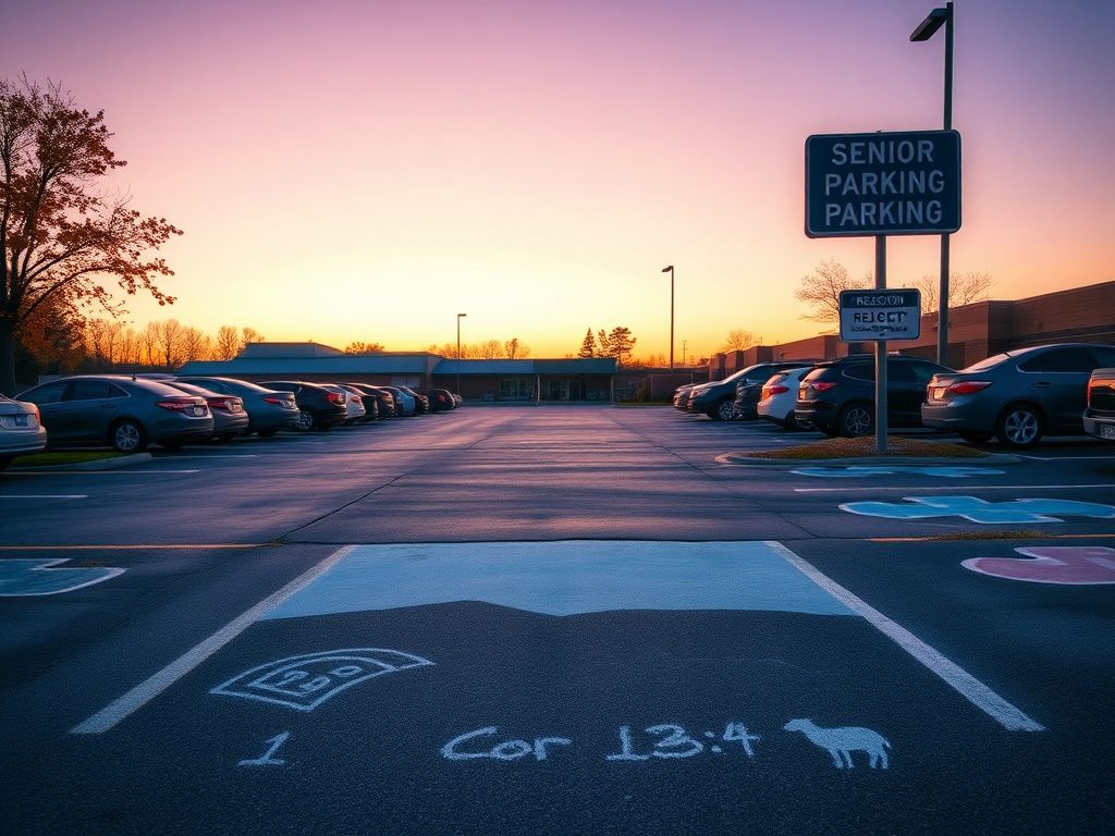 Flick International Empty high school parking lot at dusk with a partially painted space displaying a Christian theme