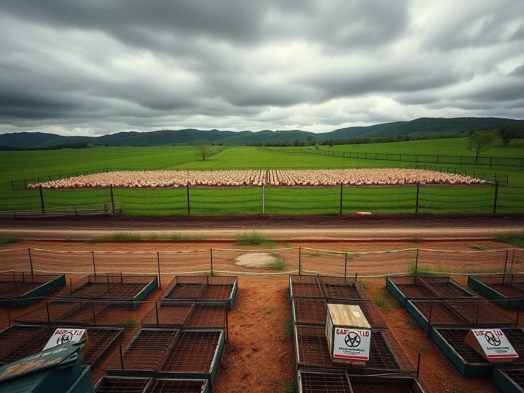 Flick International Wide-angle view of a Georgia poultry farm showing healthy chickens and quarantine signs