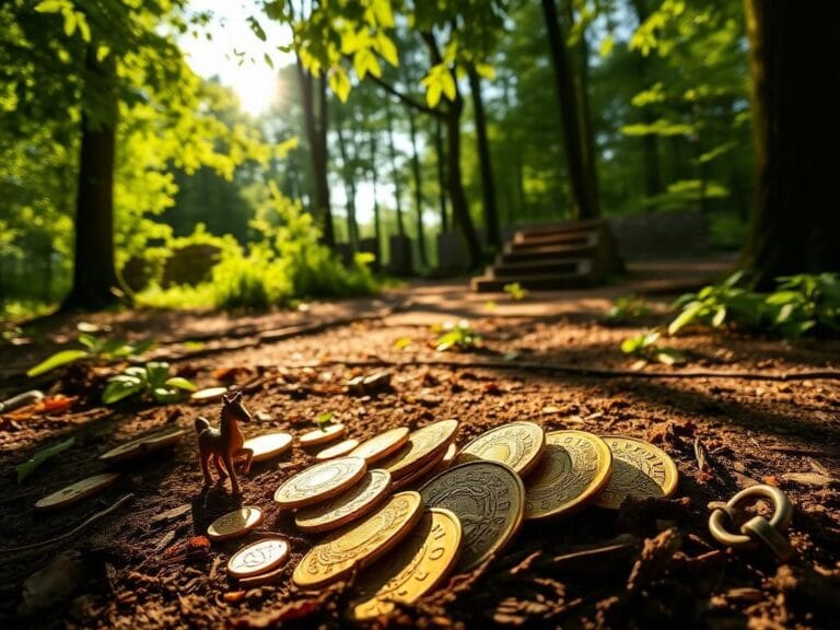 Flick International Treasure trove of Celtic gold and silver coins partially buried in rich soil in a serene forest clearing