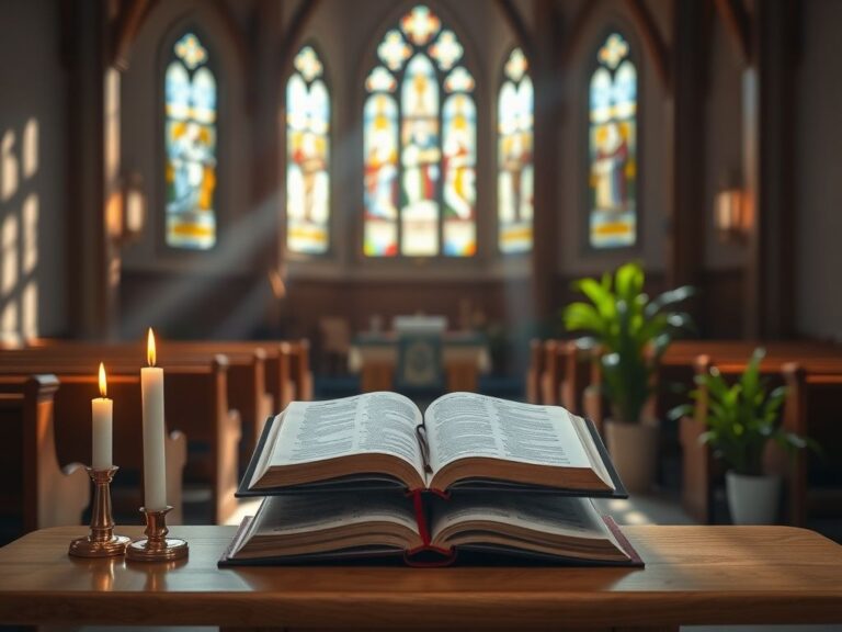 Flick International A serene church interior with wooden pews, a simple altar, and an open Bible on a lectern.