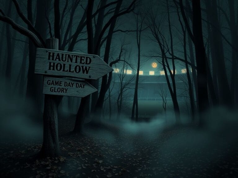 Flick International Misty haunted hollow in the woods with crooked signpost and stadium silhouette