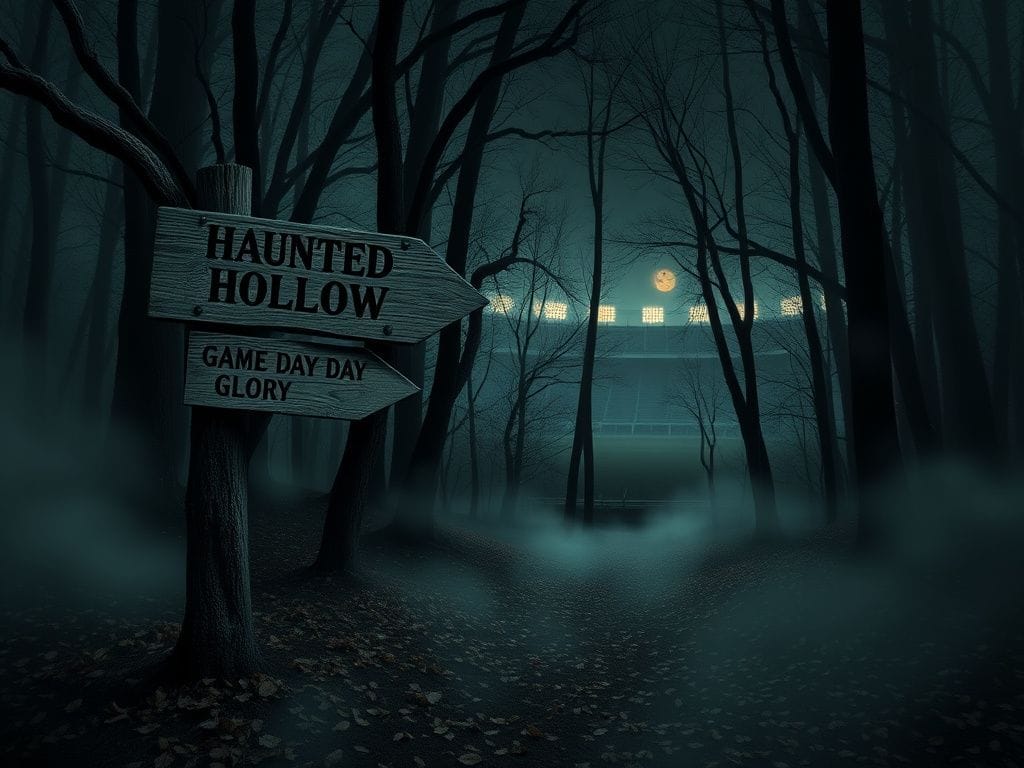 Flick International Misty haunted hollow in the woods with crooked signpost and stadium silhouette