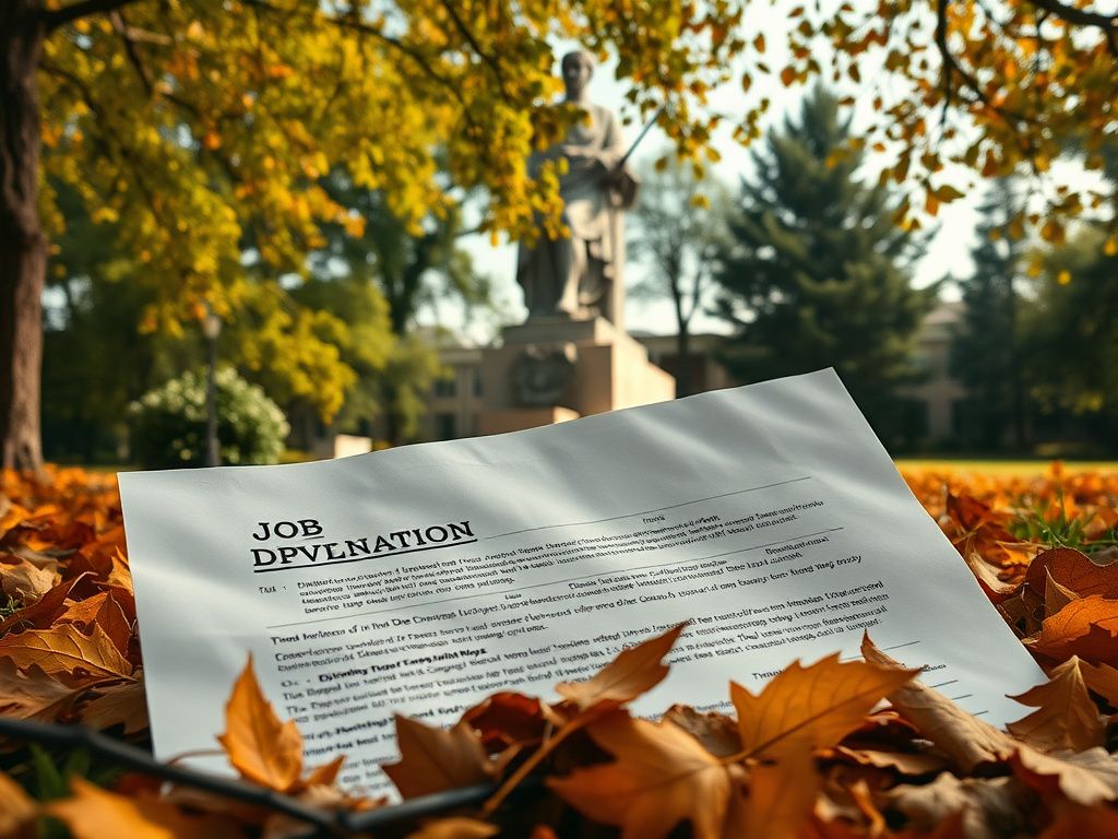Flick International Weathered stone statue representing knowledge surrounded by autumn leaves and a crumpled job application form