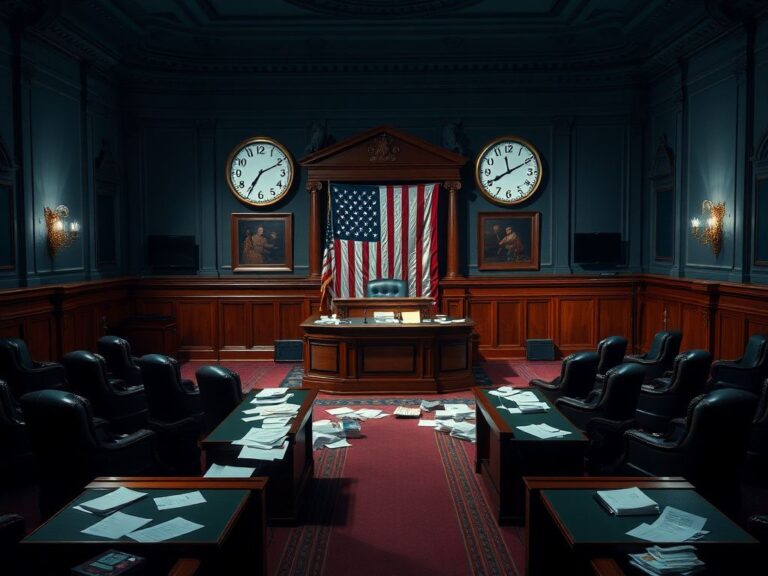 Flick International Dimly lit congressional chamber symbolizing government shutdowns