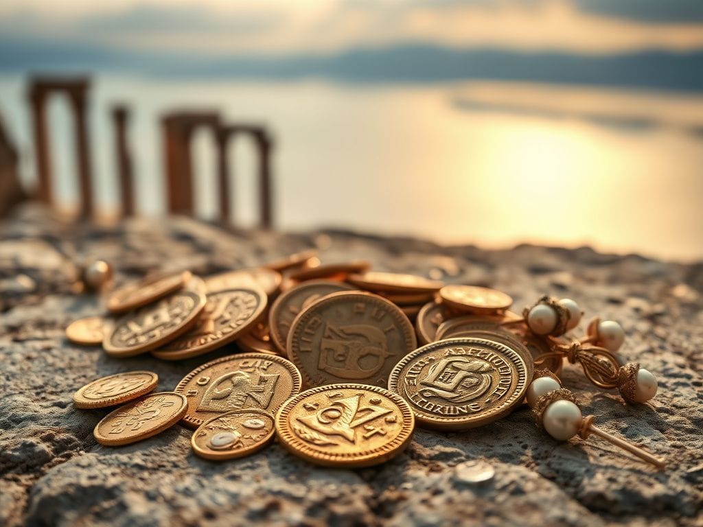 Flick International Close-up of ancient gold coins and pearl-inlaid earrings on a stone surface