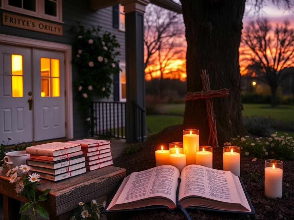 Flick International A serene college fraternity house at dusk with Bibles on a wooden table