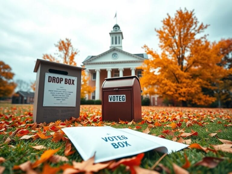 Flick International Voting drop box in Virginia with autumn foliage