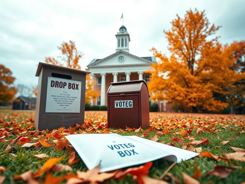 Flick International Voting drop box in Virginia with autumn foliage