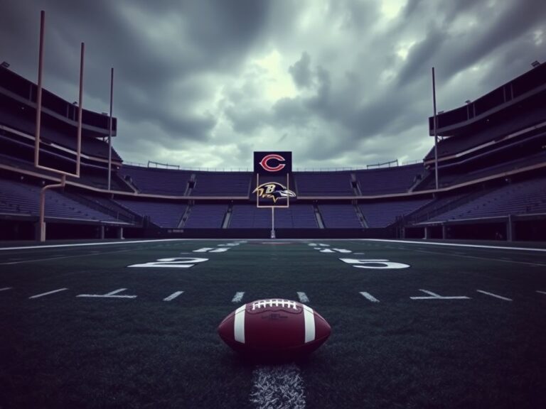 Flick International Empty football field with Baltimore Ravens logo and a lone football representing Lamar Jackson's injury uncertainty