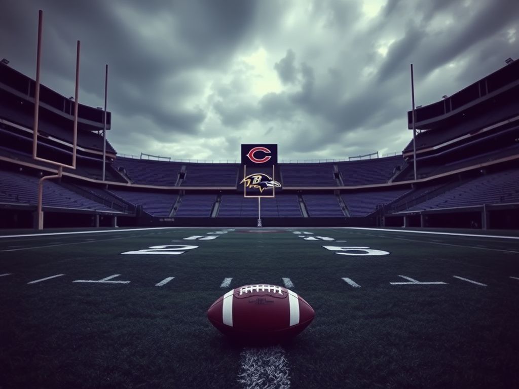 Flick International Empty football field with Baltimore Ravens logo and a lone football representing Lamar Jackson's injury uncertainty