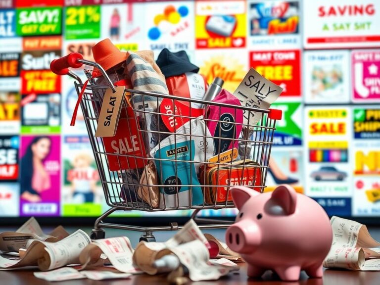 Flick International A shopping cart overflowing with unnecessary items and exaggerated sale tags