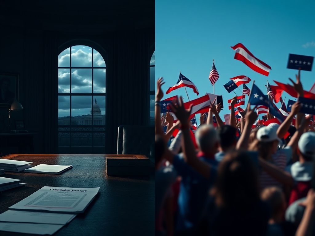 Flick International A split-screen image contrasting an empty Oval Office desk with a vibrant campaign rally scene.