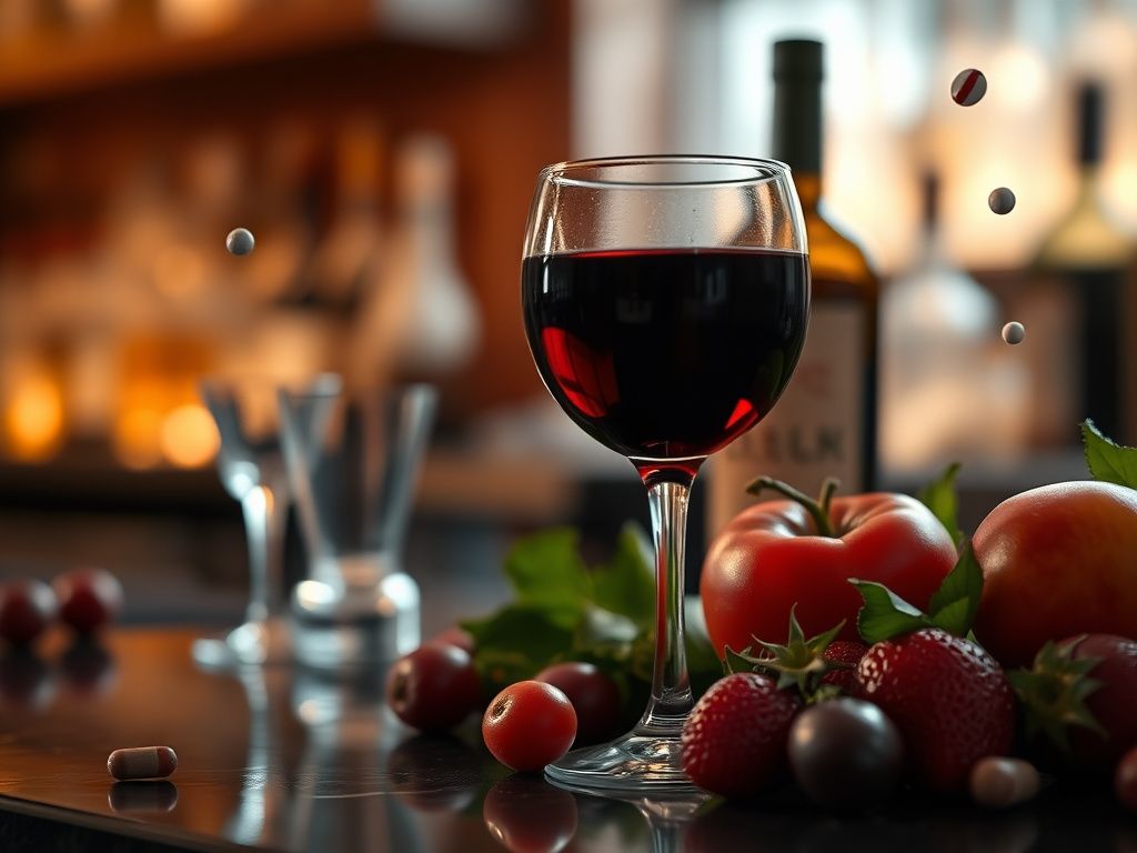 Flick International Close-up view of a wine glass surrounded by fresh fruits and herbs on a bar counter.