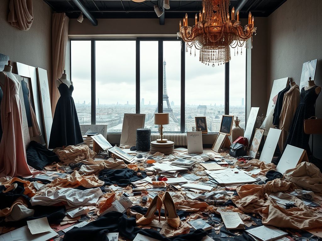 Flick International Luxurious fashion studio interior with elegant garments and scattered fabrics