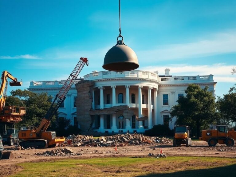 Flick International Heavy machinery working at a construction site near a half-demolished structure resembling the East Wing of the White House