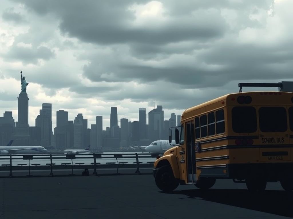 Flick International Somber cityscape of New York City with skyline and Statue of Liberty under a cloudy sky