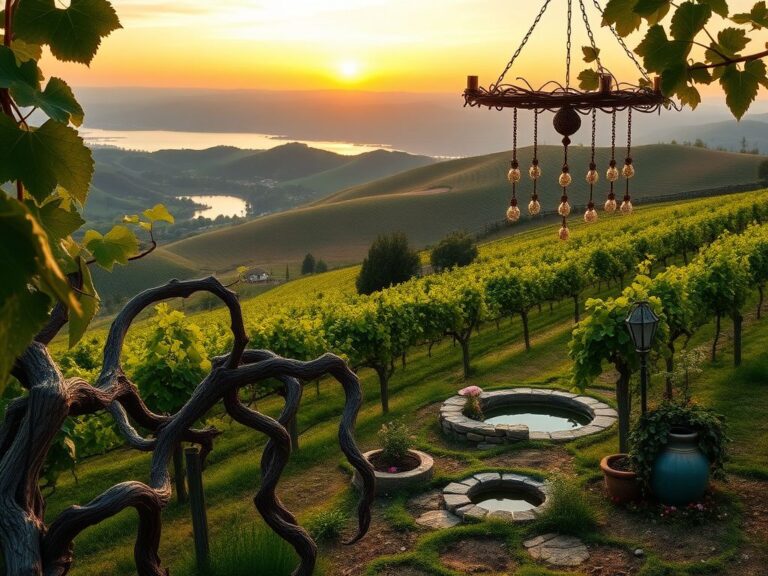 Flick International A serene vineyard at dusk with lush green grapevines and a calm lake reflecting the golden sky.