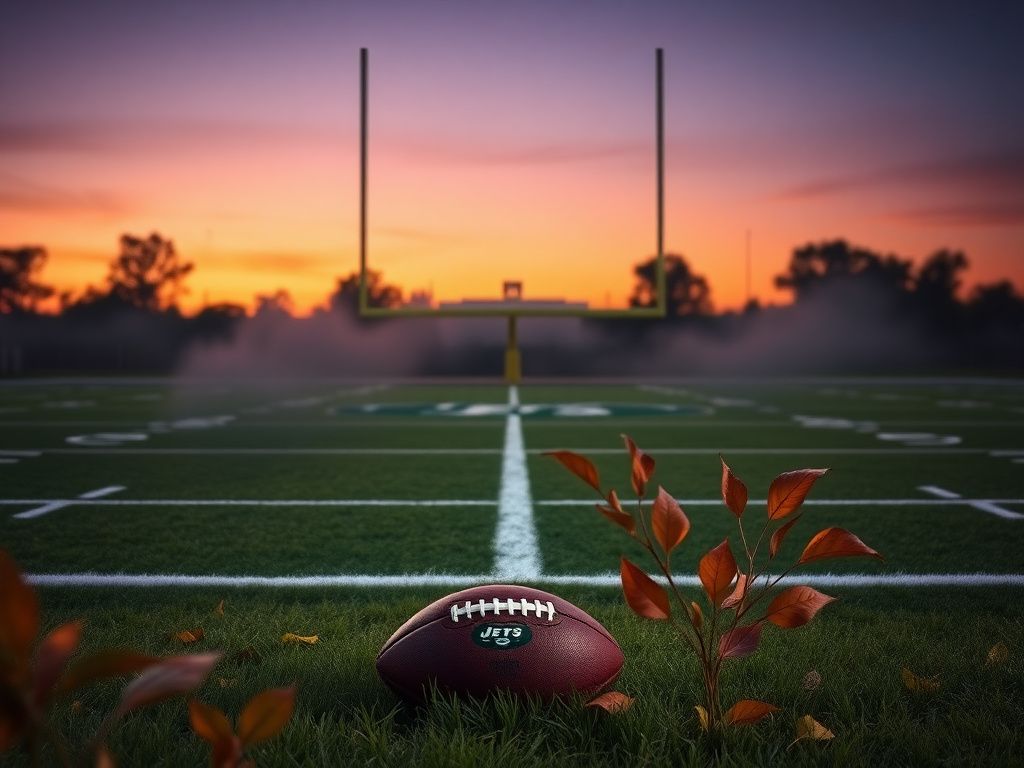 Flick International An empty football field illuminated by twilight, featuring the New York Jets logo, honoring Nick Mangold's legacy.