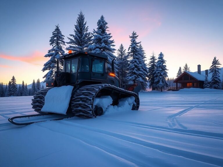 Flick International Snowplow parked in a serene winter landscape with pine trees and a sunset sky