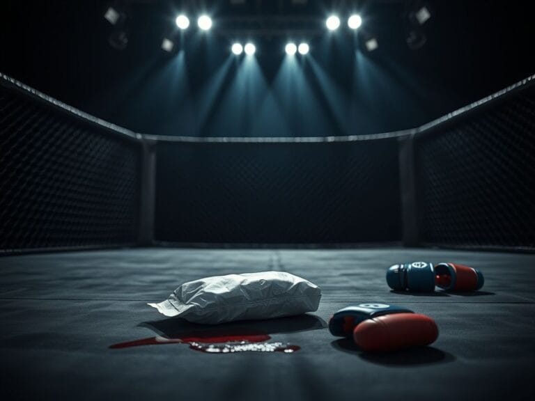 Flick International Dramatic close-up of an empty MMA octagon with a discarded ice pack on the canvas
