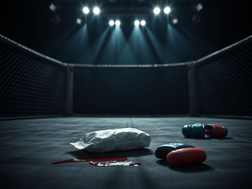 Flick International Dramatic close-up of an empty MMA octagon with a discarded ice pack on the canvas