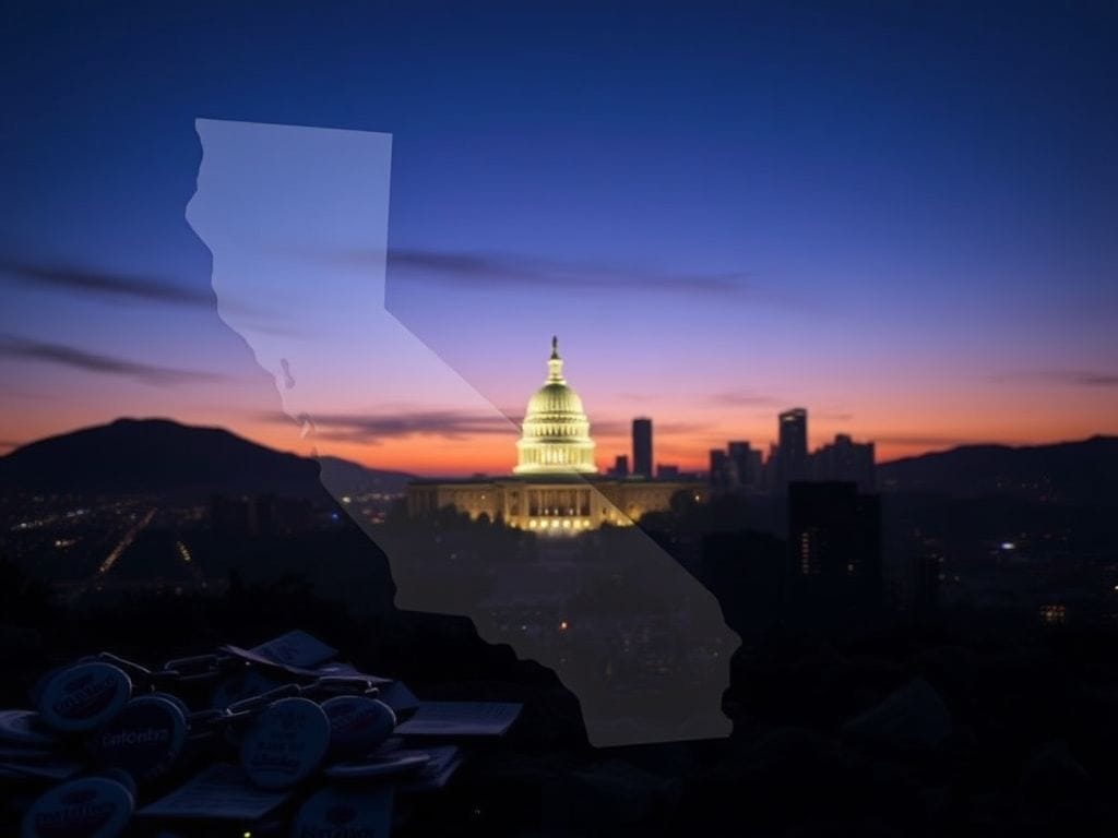 Flick International A political landscape featuring California's outline and San Francisco skyline at twilight