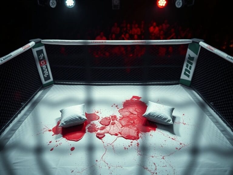 Flick International Overhead view of UFC octagon showcasing intense battle aftermath with bloodied canvas