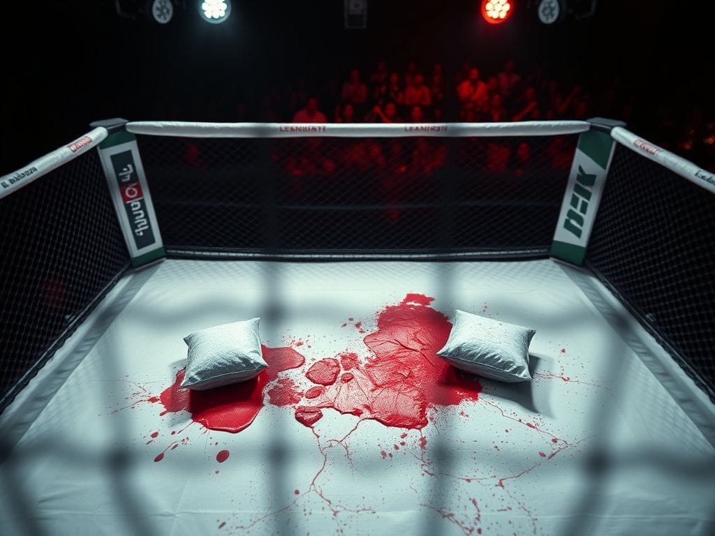 Flick International Overhead view of UFC octagon showcasing intense battle aftermath with bloodied canvas