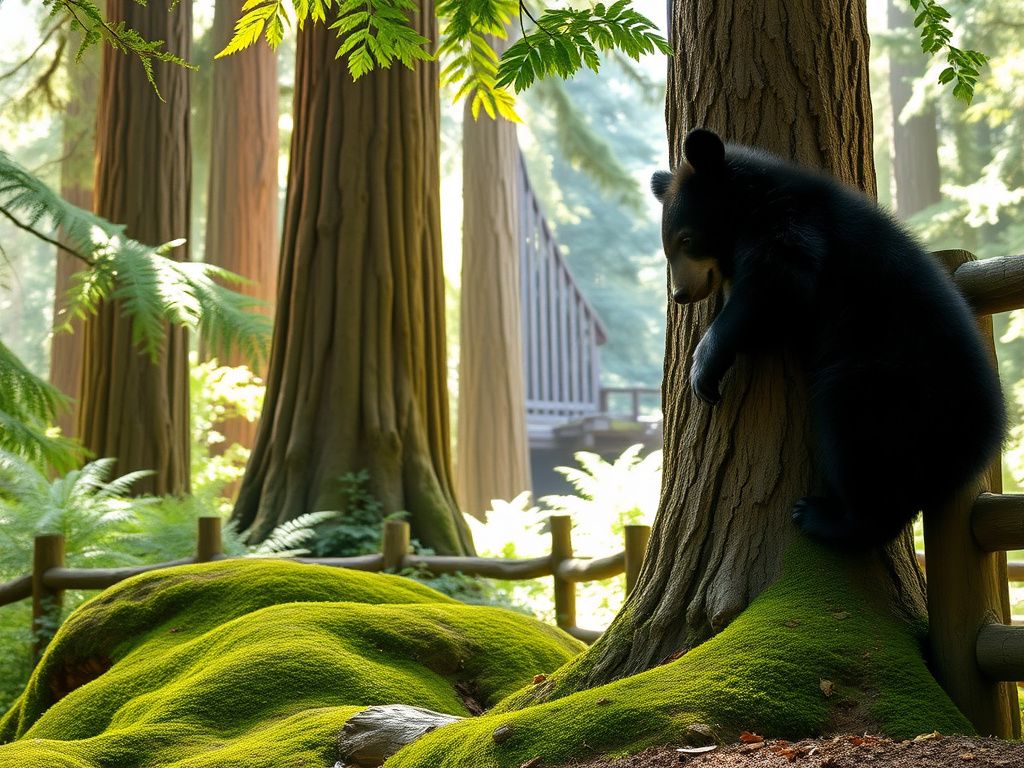 Flick International Young black bear climbing a redwood tree near a zoo fence