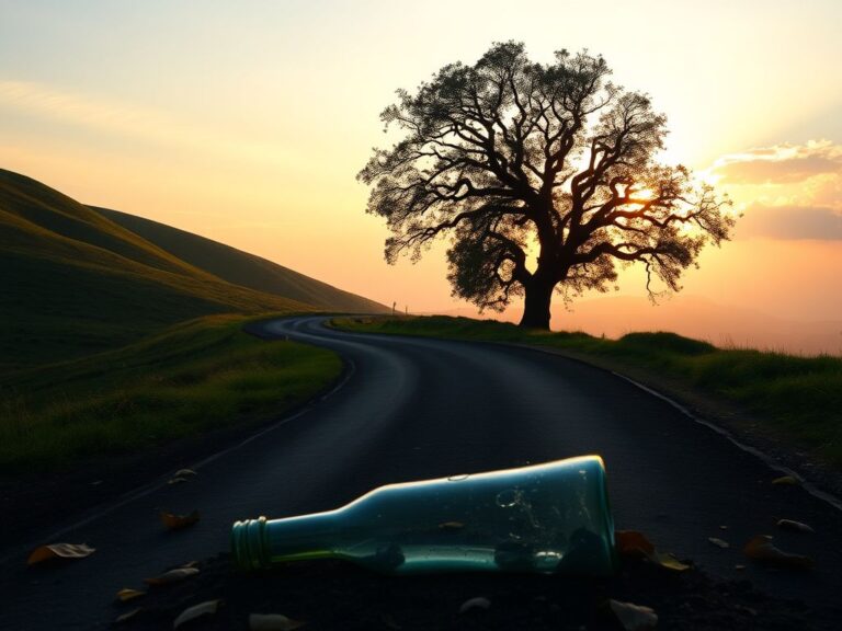 Flick International Serene landscape at dawn with a winding road, lush green hills, and a dark tree symbolizing renewal and past struggles