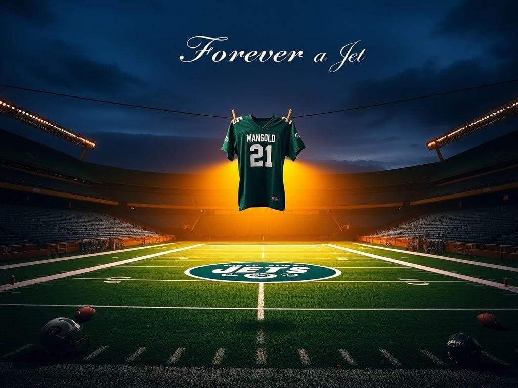 Flick International Empty football stadium with New York Jets logo and green jersey representing Nick Mangold