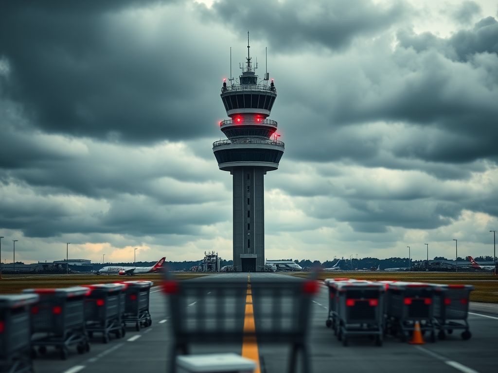 Flick International Aerial view of a busy air traffic control tower under a cloudy sky