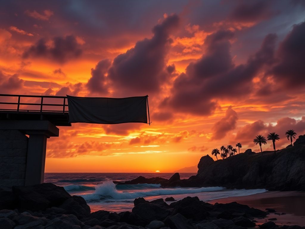 Flick International A dramatic sunset over Los Cabos, Mexico, featuring a weathered bridge and ominous skies