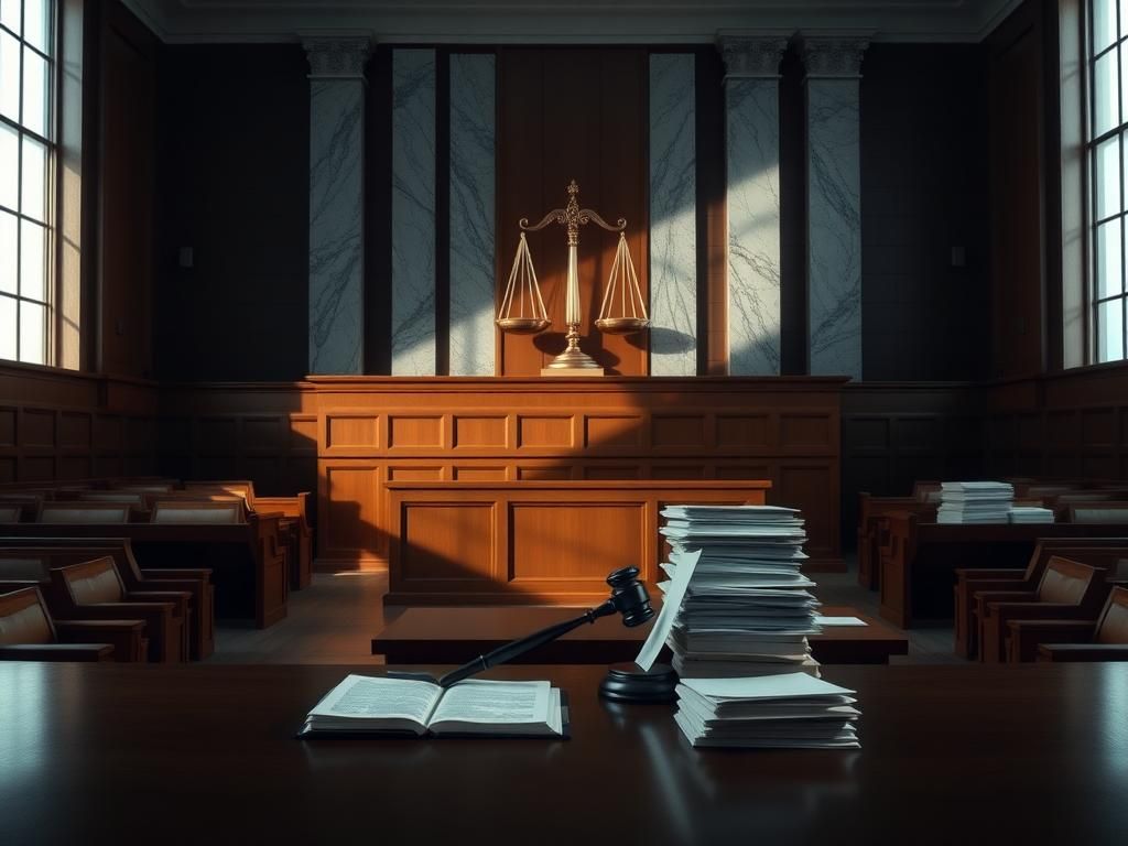 Flick International Somber courtroom scene in Provo, Utah, depicting a tense murder case environment